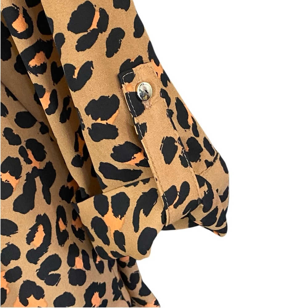 Leopard Print Blouse L V Neck Roll Tab Sleeve Animal Print Mob Wife Office Siren - Picture 6 of 9